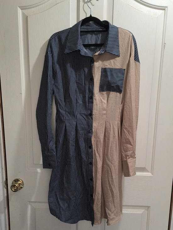 SHEIN Dresses & Skirts - SHEIN Two-Tone Pinstripe & Solid Button-Down Shirt Dress - Blue & Beige